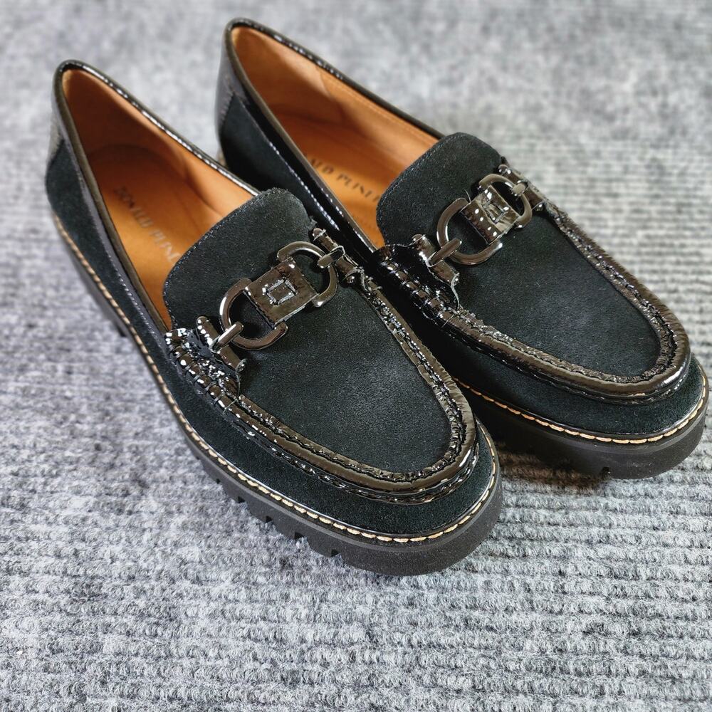 Donald Pliner Women's 8.5 Black Suede Patent Leather Trim Platform Loafers - Picture 1 of 9